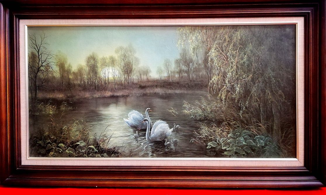 Tablou/pictura "Swan family" ("Familia de lebede") de G. Trelony