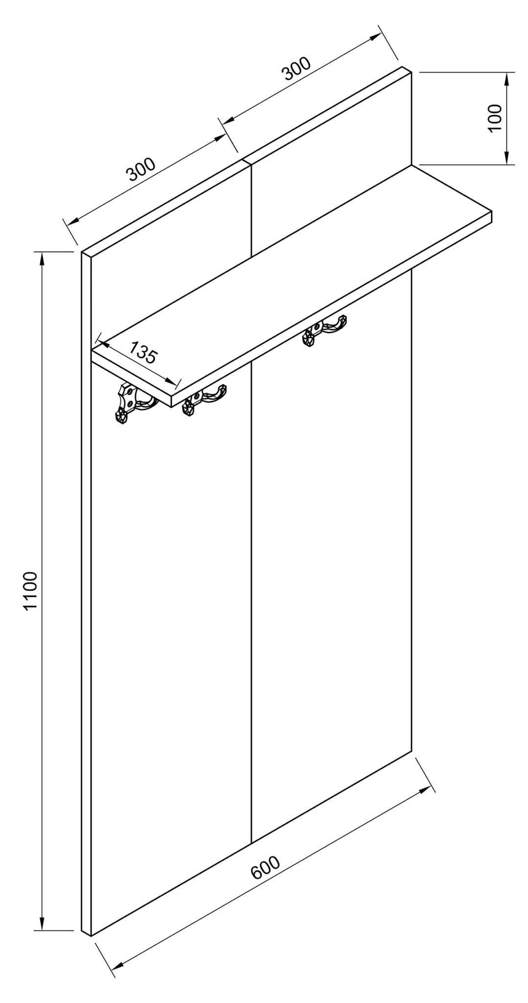 Cuier suspendat pe perete cu 4 carlige , PAL , 110 x 60 x 5 cm  , alb