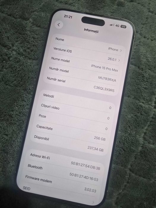 iPhone 15 Pro Max ,256Gb , 100%sanatate baterie , IMPECABIL !