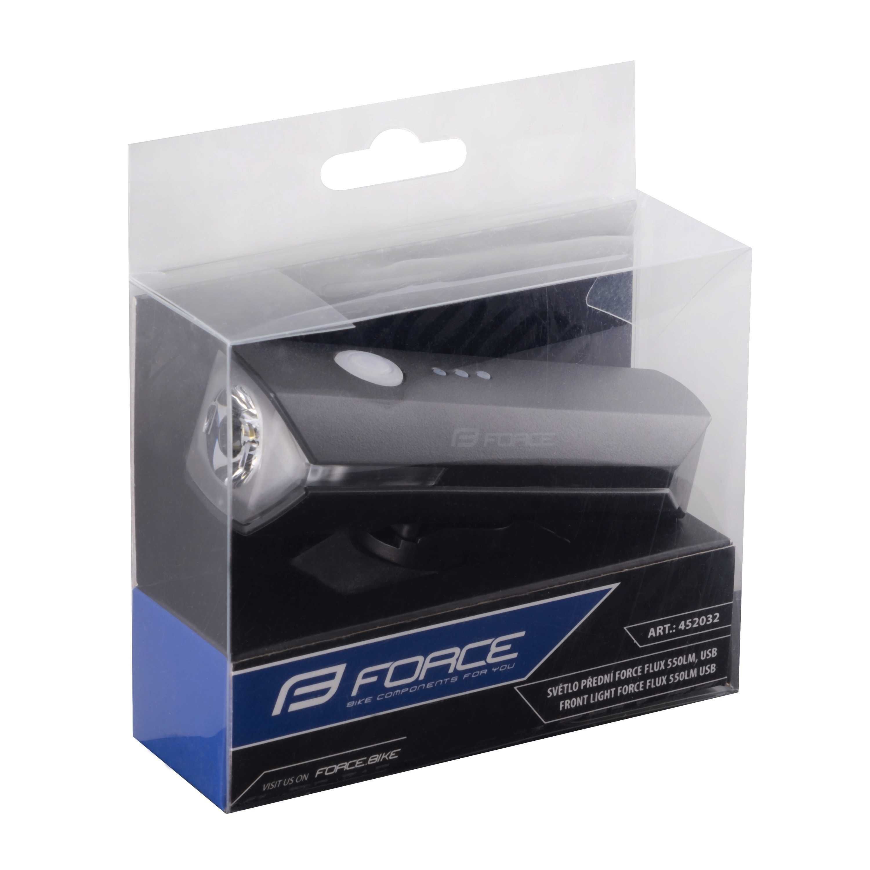 Предна LED светлина за велосипед FORCE FLEX 550LM USB, Фар, Черна