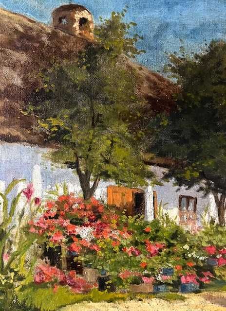 SUPERB! Școală maghiară-”Curte înflorită” TABL0U f VECHI,  u/pz 70x55