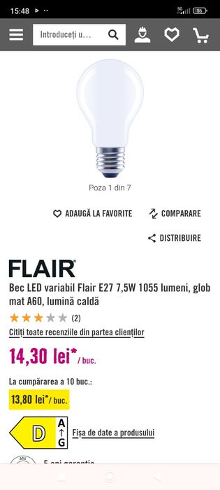 Vând 6 becuri noi la cutie FLAIR de 7,5w/75w