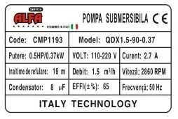 Pompa apa submersibila cu sita 16m fara plutitor 1.5m³h (CMP1193)