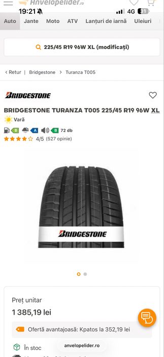 Set 4 anvelope BRIDGESTONE 225/45/R19