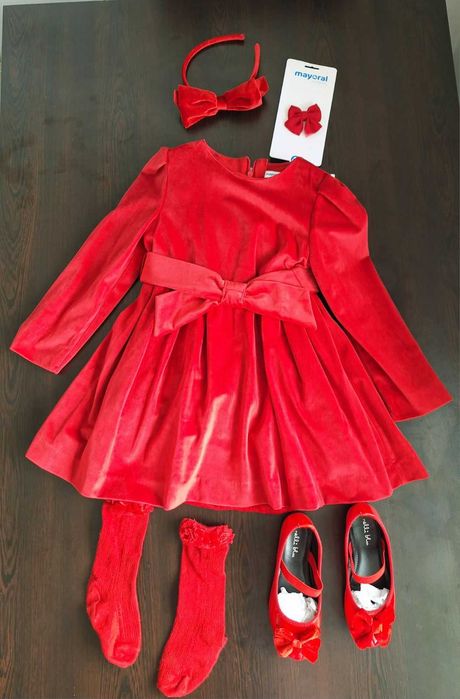 Детска Червена Рокля "Mayoral",104-110 см.+Обувки,Чорапи,Диадема,Шнола