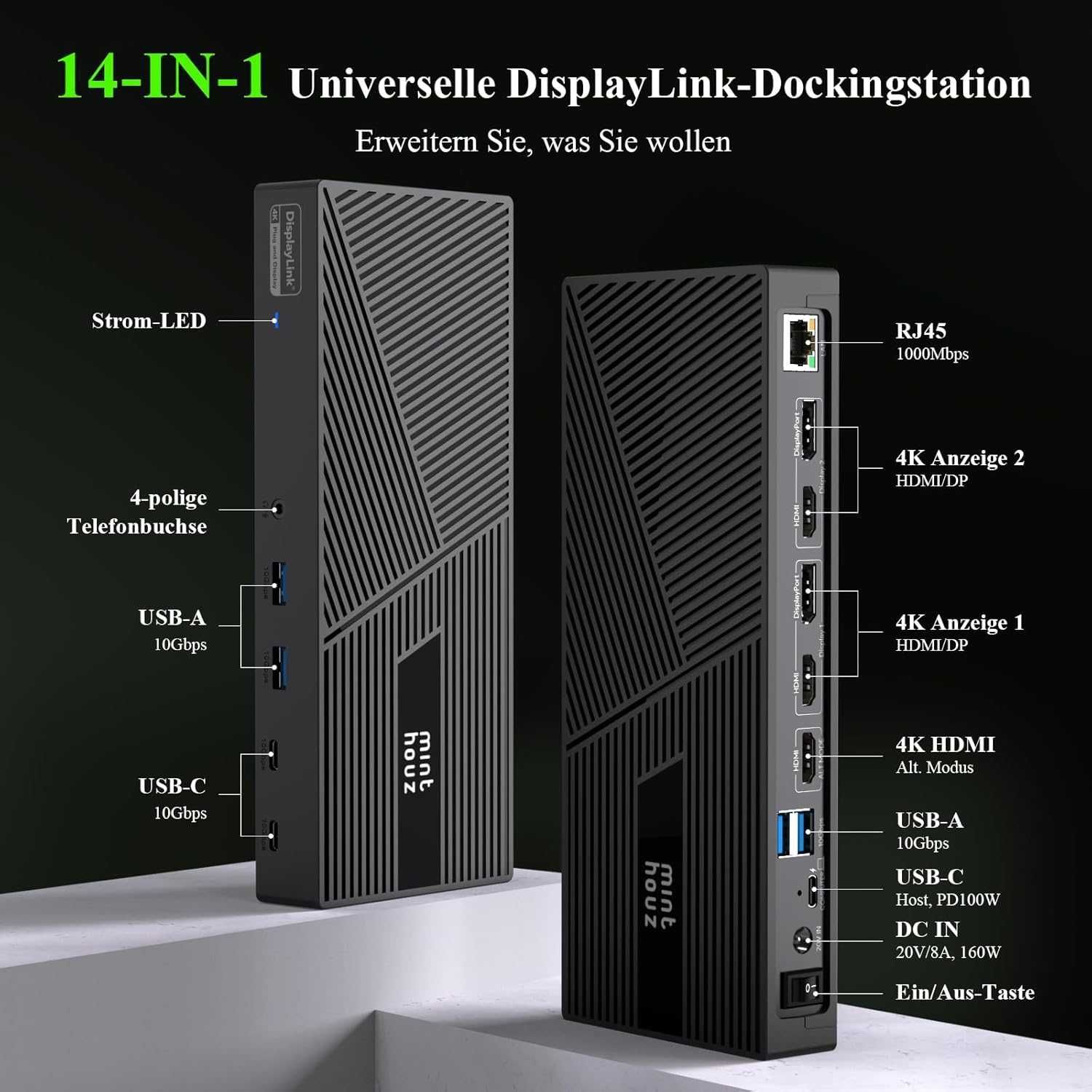 Докинг станция Minthouz DisplayLink за 3 x 4K 60 Hz монитора 160 W