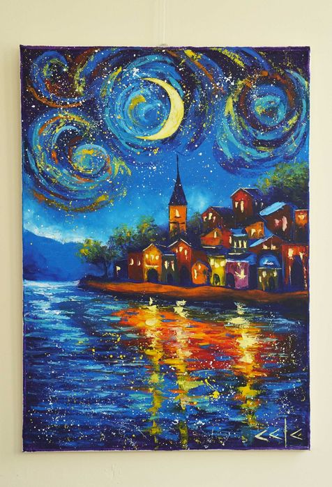 "Вълшебна нощ" Картина 70х50см, Маслена живопис с шпакла