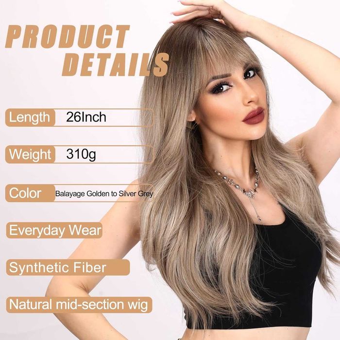 Чуплива омбре перука 65 см, кафяво към пепеляво русо със светъл бретон