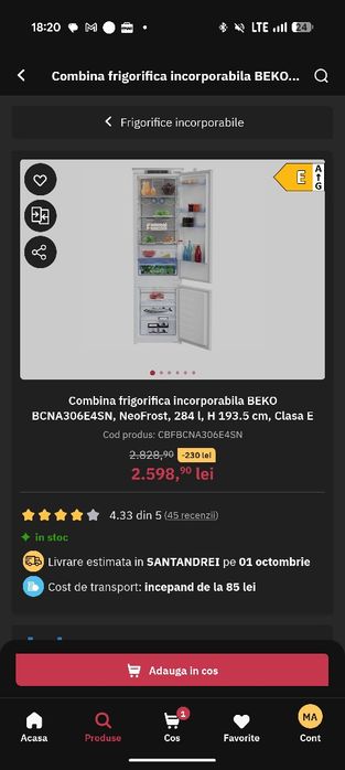 Combina frigorifica incorporabila BEKO BCNA306E4SN, NeoFrost, 284 l, H