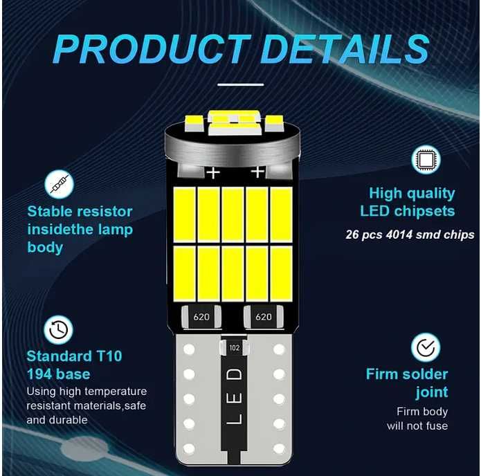 Set 10 becuri auto led T10 W5W 12V pozitii, numar, interior, portbagaj