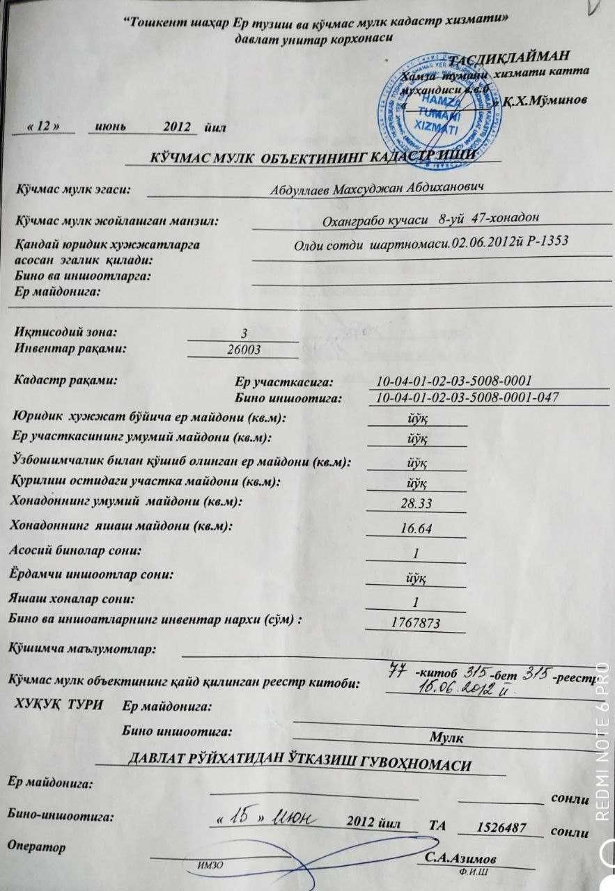 ПРОДАЁТСЯ. Яшнабадской район 1-х комнатная квартира (На против базара)