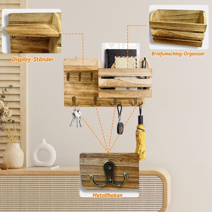 Suport pentru chei modern cu raft din lemn