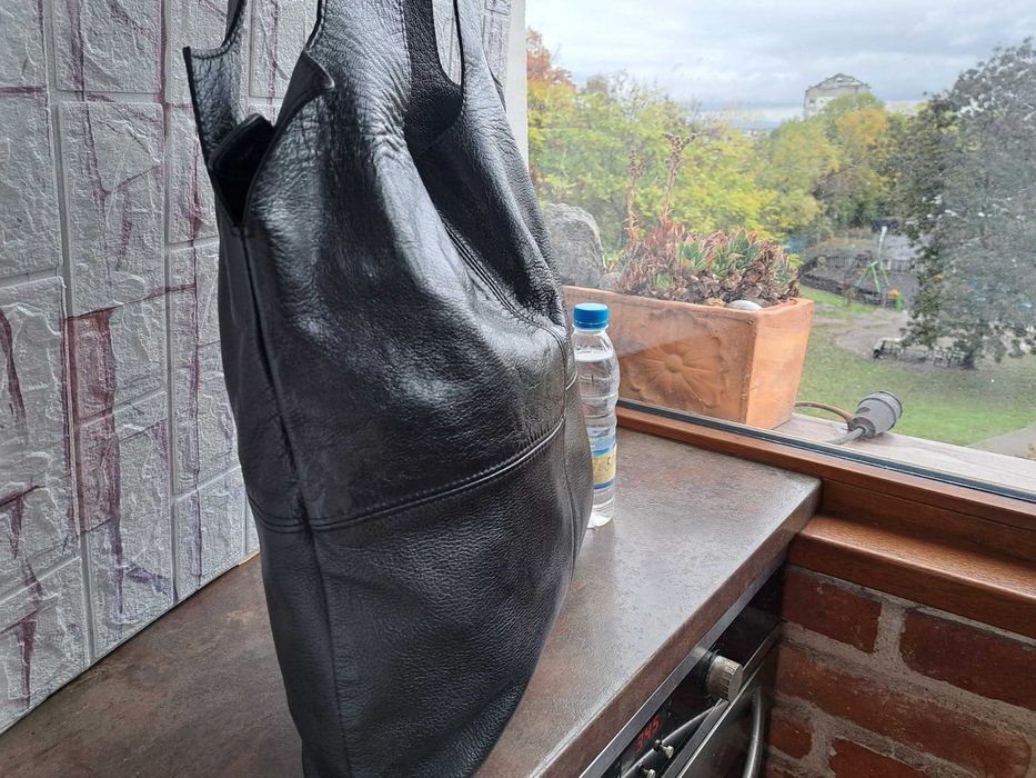 дамска чанта,черна кожена торба-естествена кожа