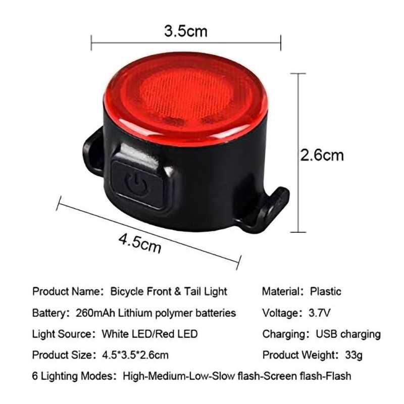 Комплект LED светлини за велосипед, Водоустойчиви, Кръгли, USB, ZH-068