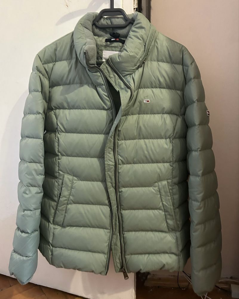 geaca dama cu gluga, pufoasa, verde menta, Tommy Hilfiger