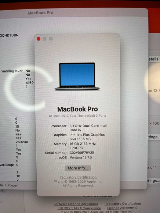 Apple Macbook Pro 2017, 16 GB RAM, 1 TB SSD