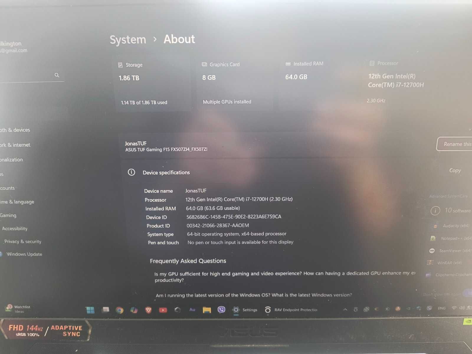 ASUS TUF A15 с RTX 4070 | 64GB RAM, 2TB SSD + подаръци (СПЕШНО!)