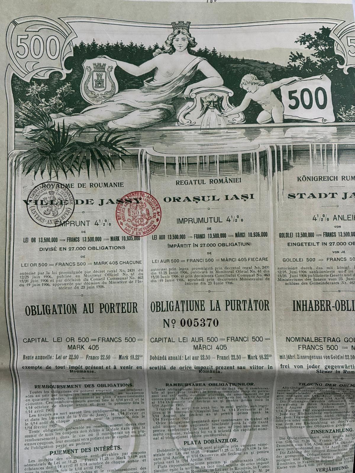 500 Lei Aur 1906 titlu orasul Iasi obligatiune neincasata cu cupoane