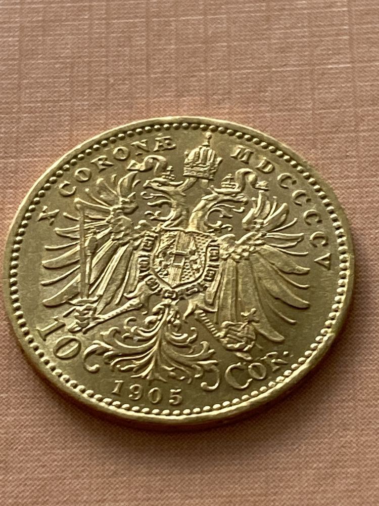 10 Coroane (Corona) 1905. Moneda aur 22 karate, 3,38 grame