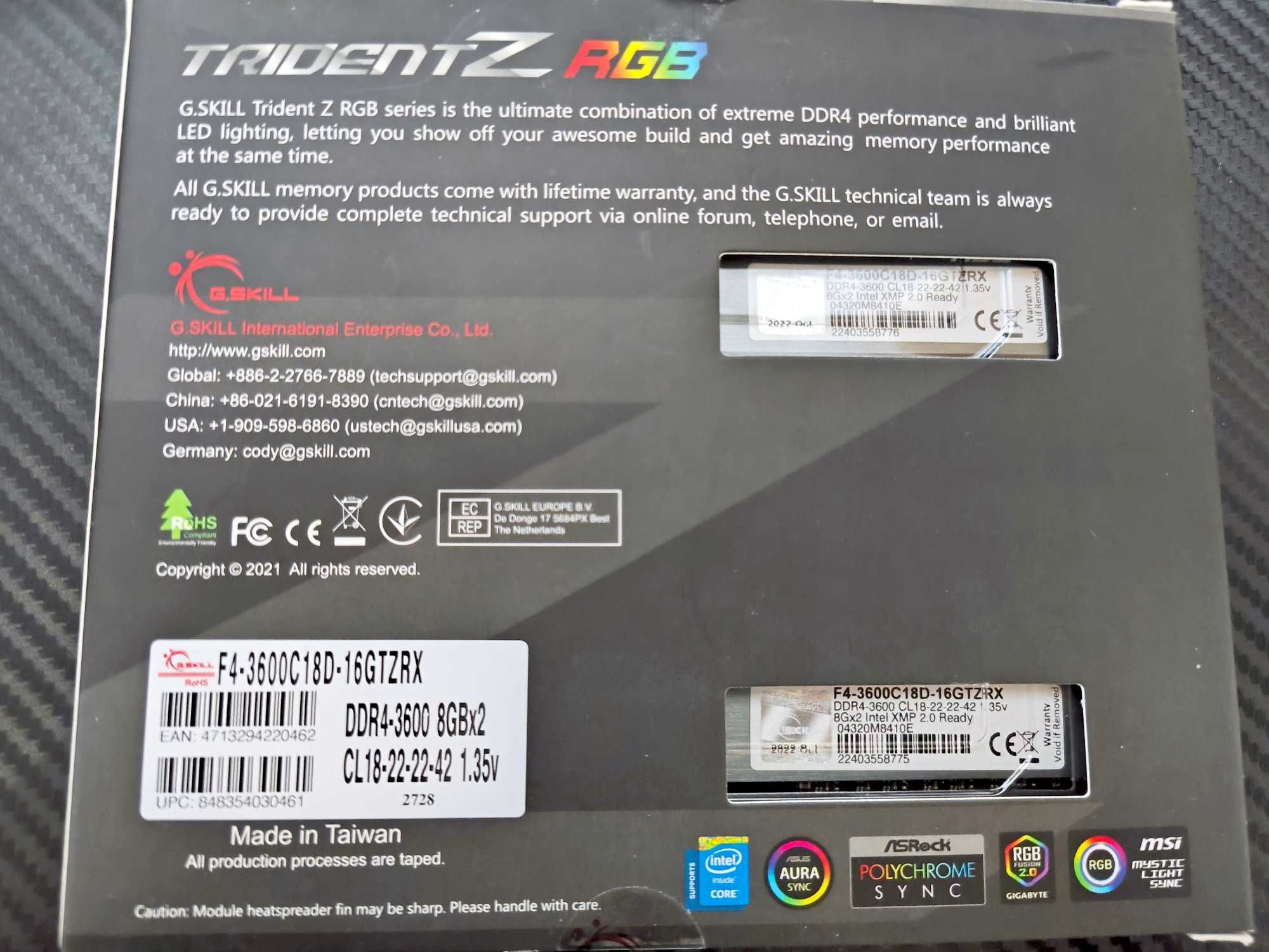 G.SKILL TridentZ RGB 32GB[4x8] or 16GB(2X8) DDR4 3600MHz CL18-22-22-42
