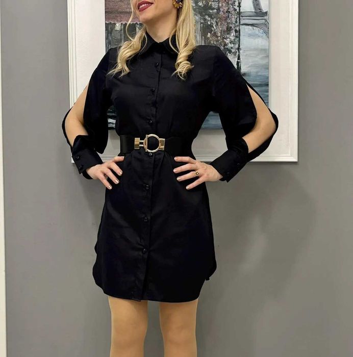 Дамска черна риза рокля с отворени ръкави