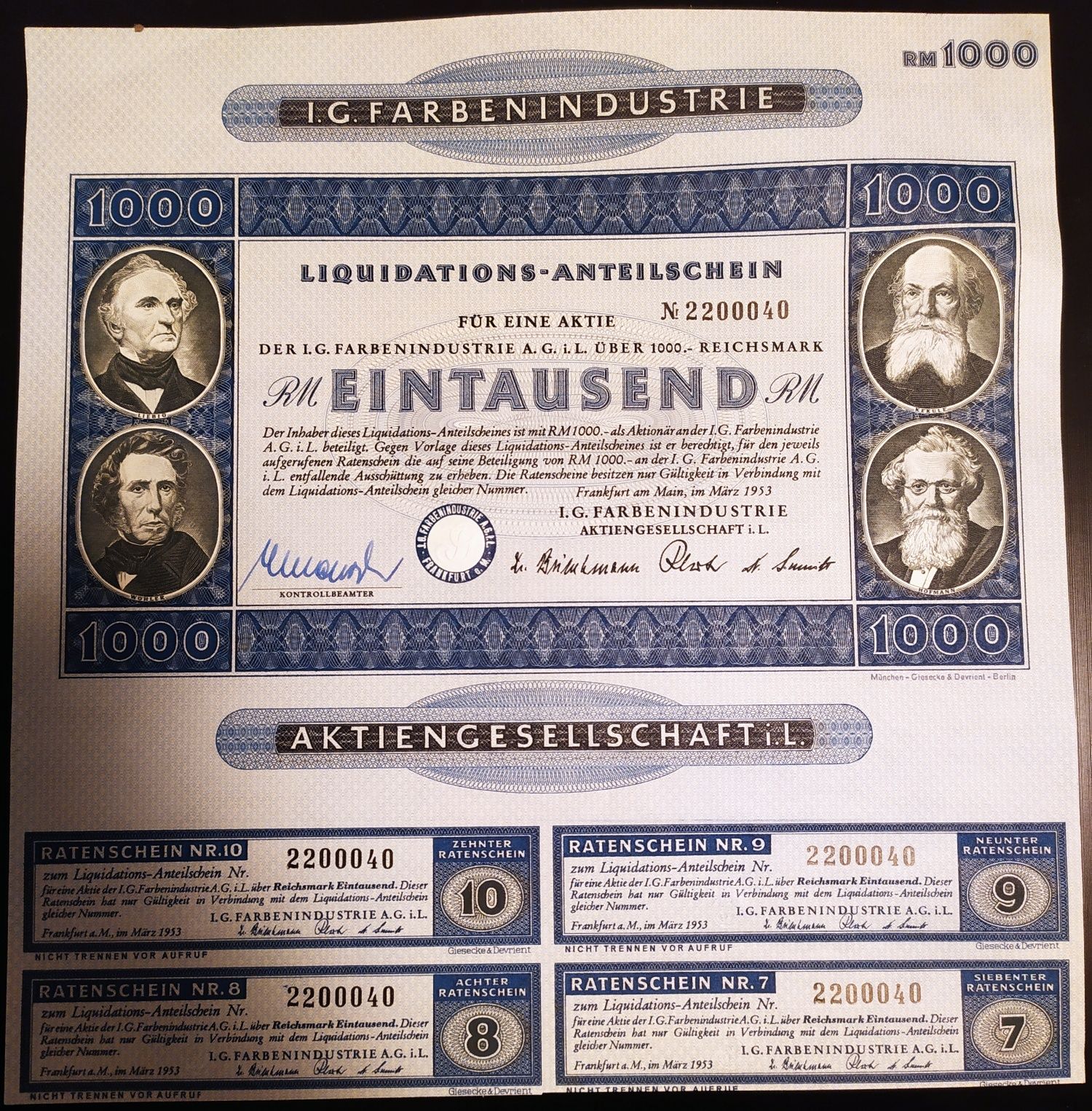 1000  Marci 1953 Germania Federala actiune  IG Farben neincasata cupoa