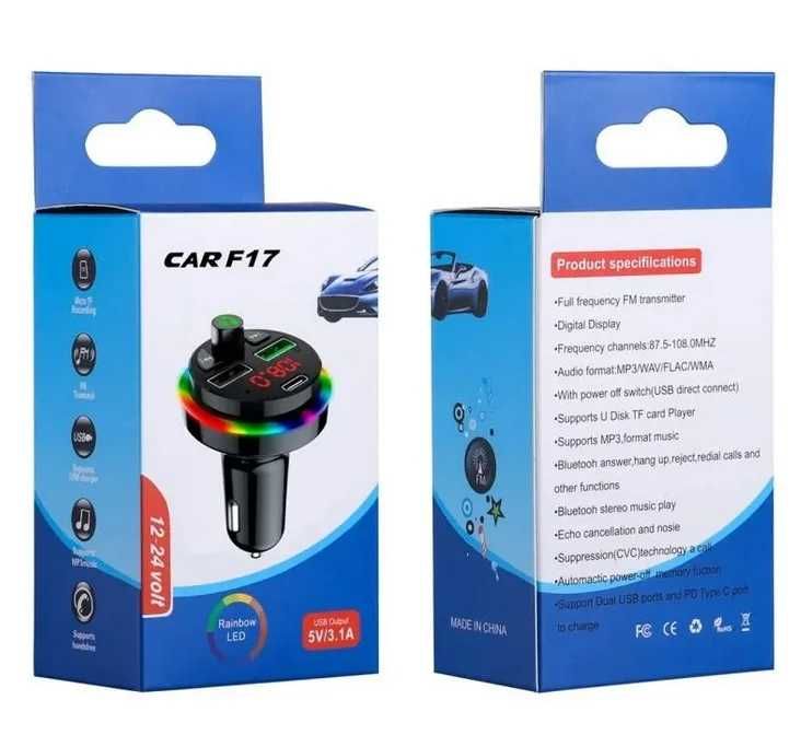 FM Трансмитер F17 Bluetooth 5.0 с бързо зареждане. Зарядно за телефон