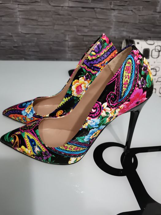 Pantofi cu toc, multicolor, floral, mărimea 38