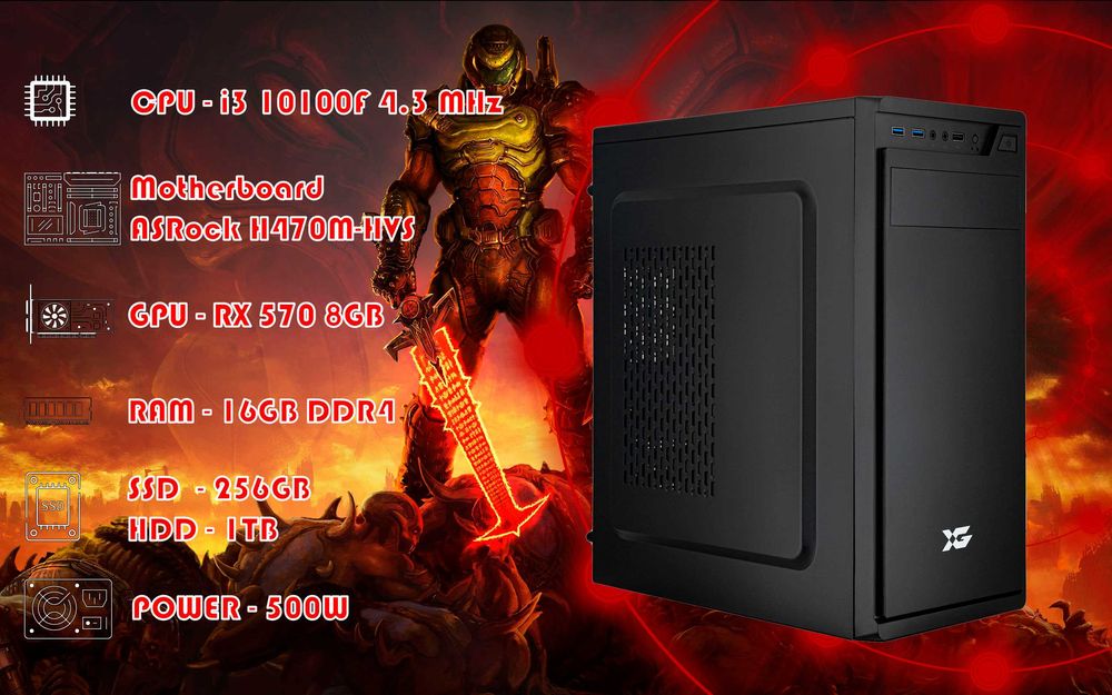 Игровой i3 10100F\RX 570 8GB\RAM 16GB\HDD 1TB\SSD 256GB