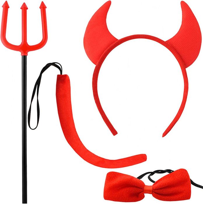 Costum diavol rosu 4 piese set complet cu coarne furca papion si coada