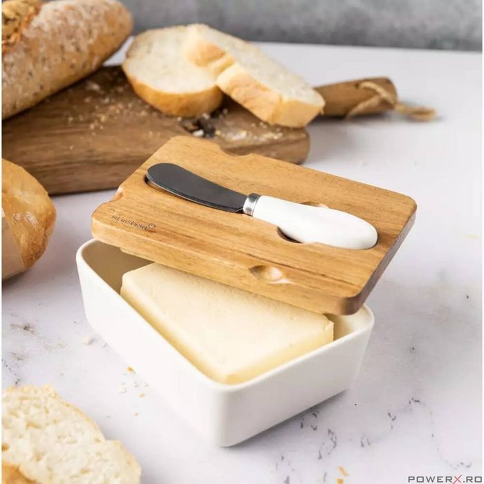 Untiera din ceramica, alba, cu capac din lemn de salcam si cutit,