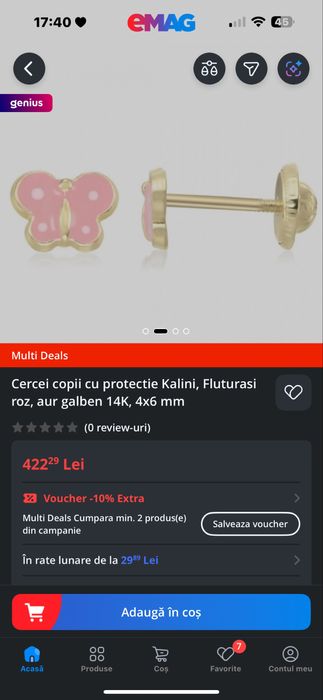 Cercei din aur 14 k fluture roz fetite