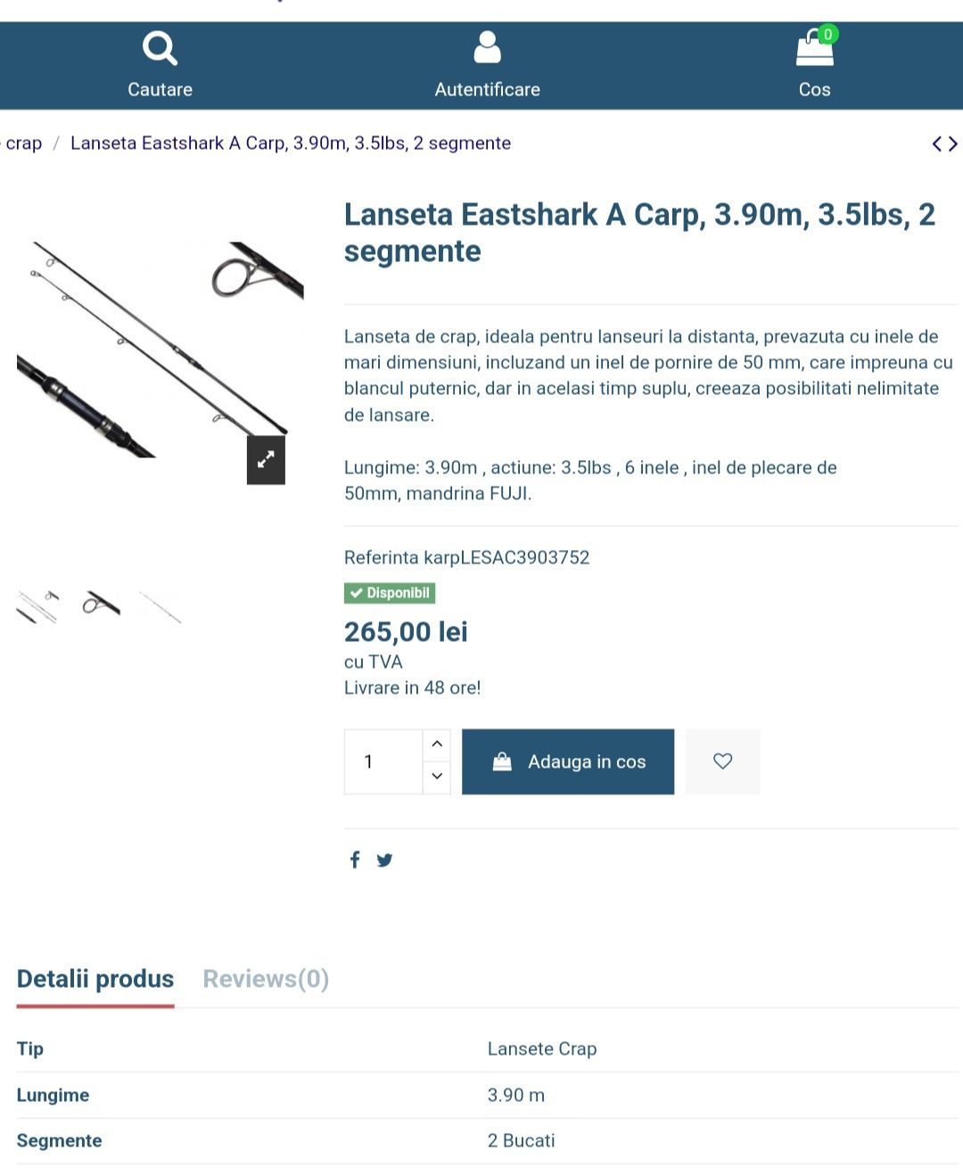 Lanseta crap EastShark A Carp 3.90m 3.5lbs 2 tronsoane