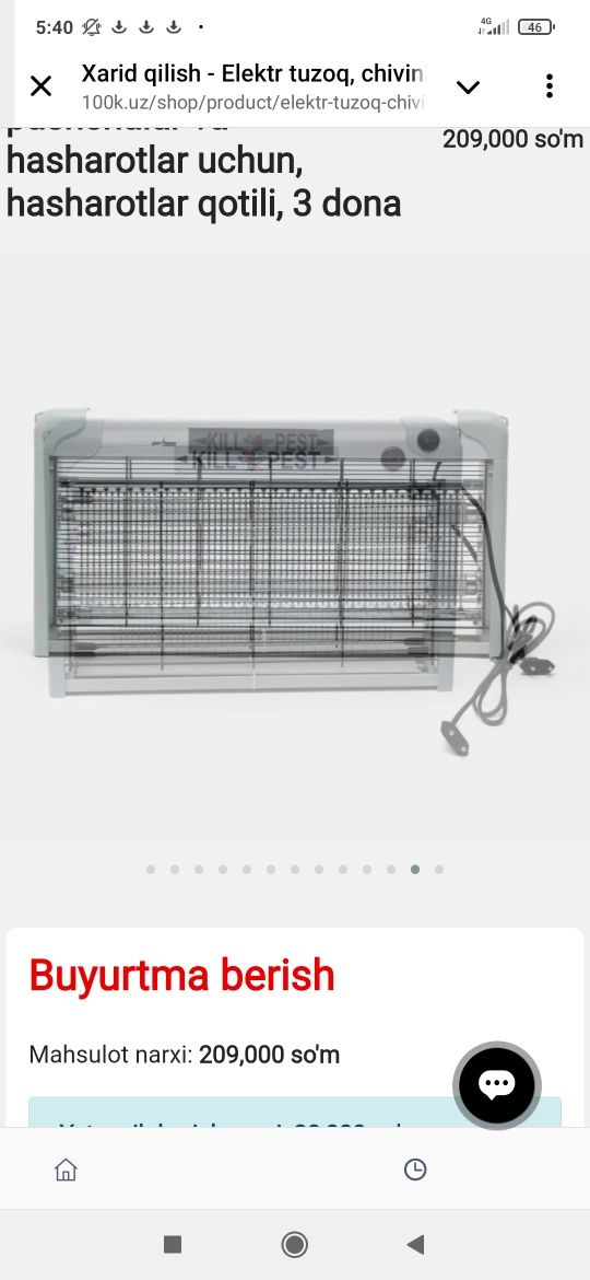 Elektr tuzoq chivin pashsha va hasharotlar uchun