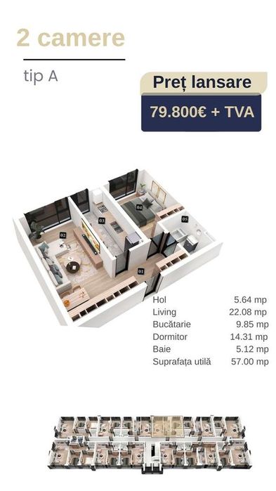Apartament 2 camere, bucatarie separata