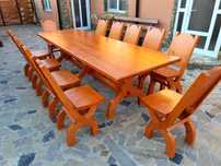 Masa cu scaune si banci din lemn masiv.Mobilier rustic.Set 10/12 pers.