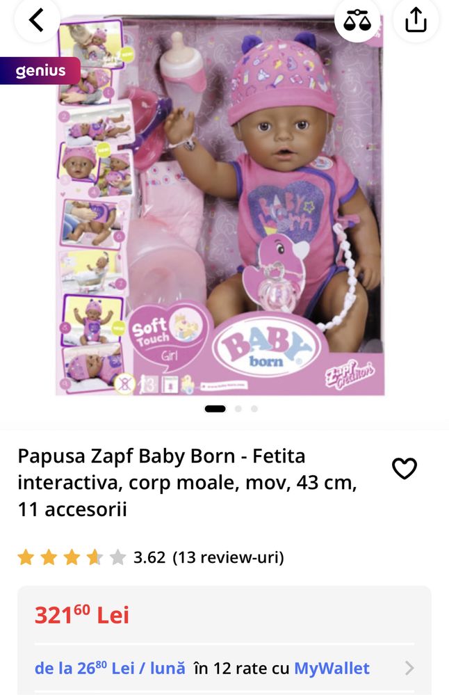 Papusa Zapf Baby Born - Fetita interactiva, corp moale