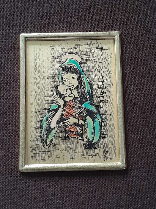 Tablou/pictură pe foiță aur 22K marcat - Madona cu pruncul - 22x20 cm