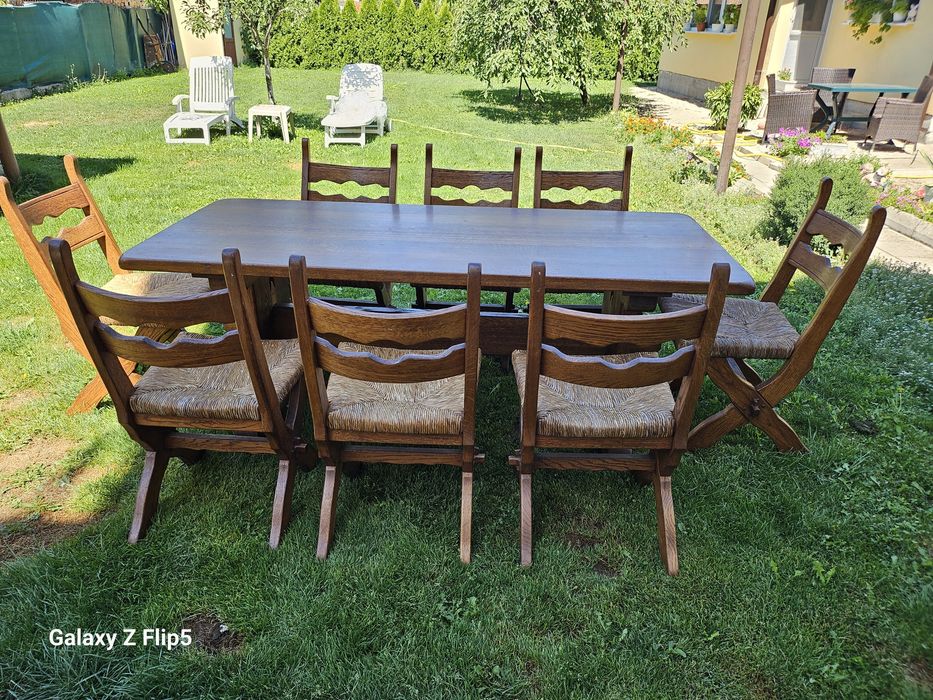 Масивен Трапезен комплект от Дъб и естествен ратан