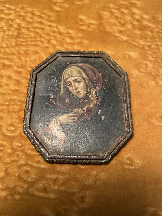 Pictură veche pe metal – temă religioasă „Mater Dolorosa”