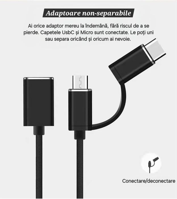 Adaptor/Cititor date 2in1 Usb la UsbC/Micro. Citește Stick USB+HD.