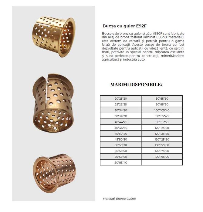 Bucșele de bronz cu guler E90F  Compozitie: Bronze CuSn8