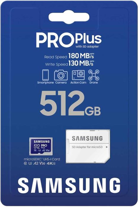 Карта памяти Samsung PRO Plus microSD + адаптер,  512 ГБ, до 180 МБ/с