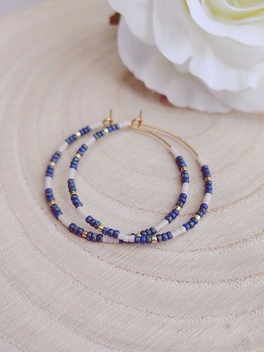 Ръчно изработени обеци халки - Неръждаема стомана и Японски мъниста