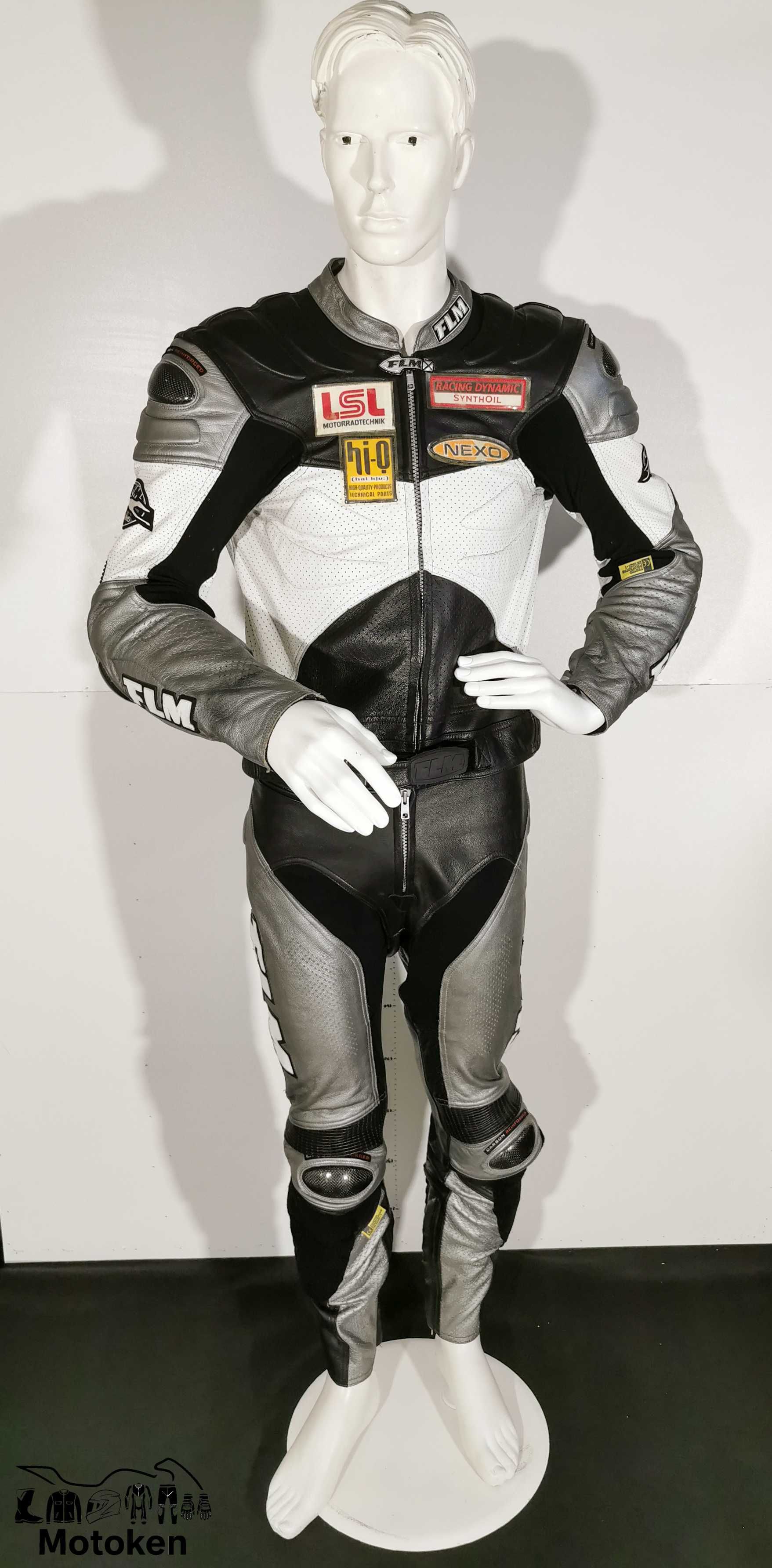 Costum moto piele FLM gri alb negru cu cocoasã marimi: 48, 50,52
