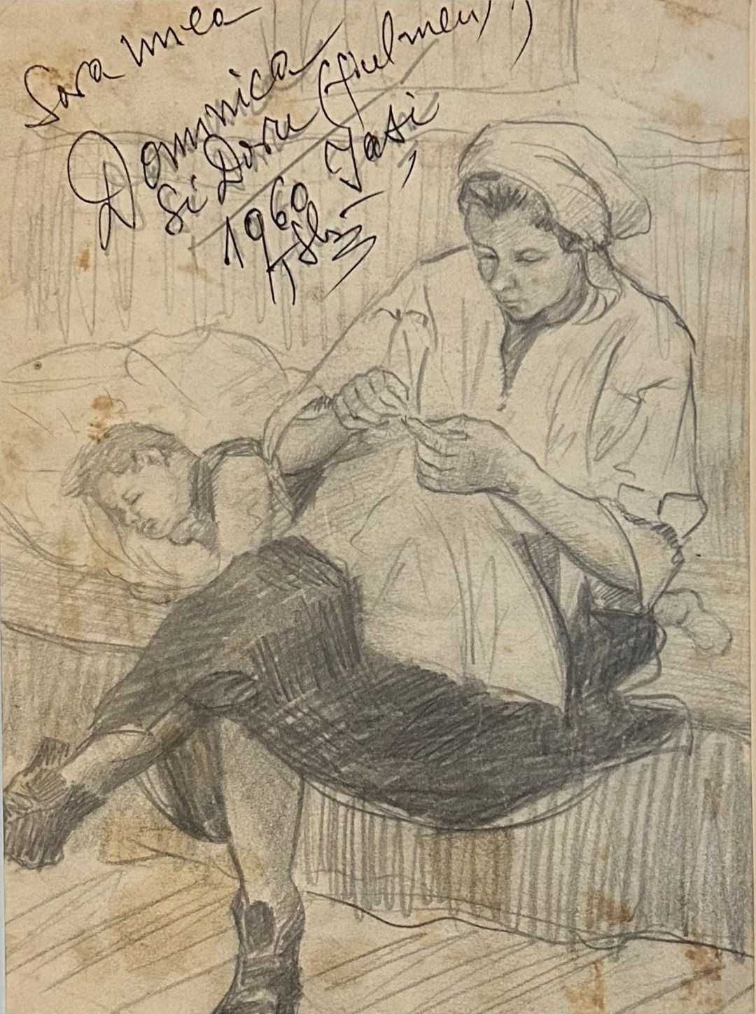 Tablou 1960 Portret Femeie langa copilul dormind Grafica in creion