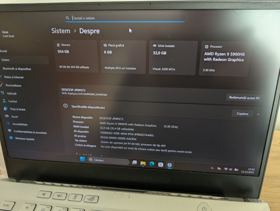 Laptop gaming ASUS ROG Zephyrus G14  Ryzen 9 5900HS. Garanție 12 luni.