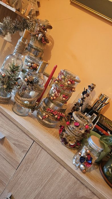 Коледни светещи бутилки и свещници- ръчна изработка.