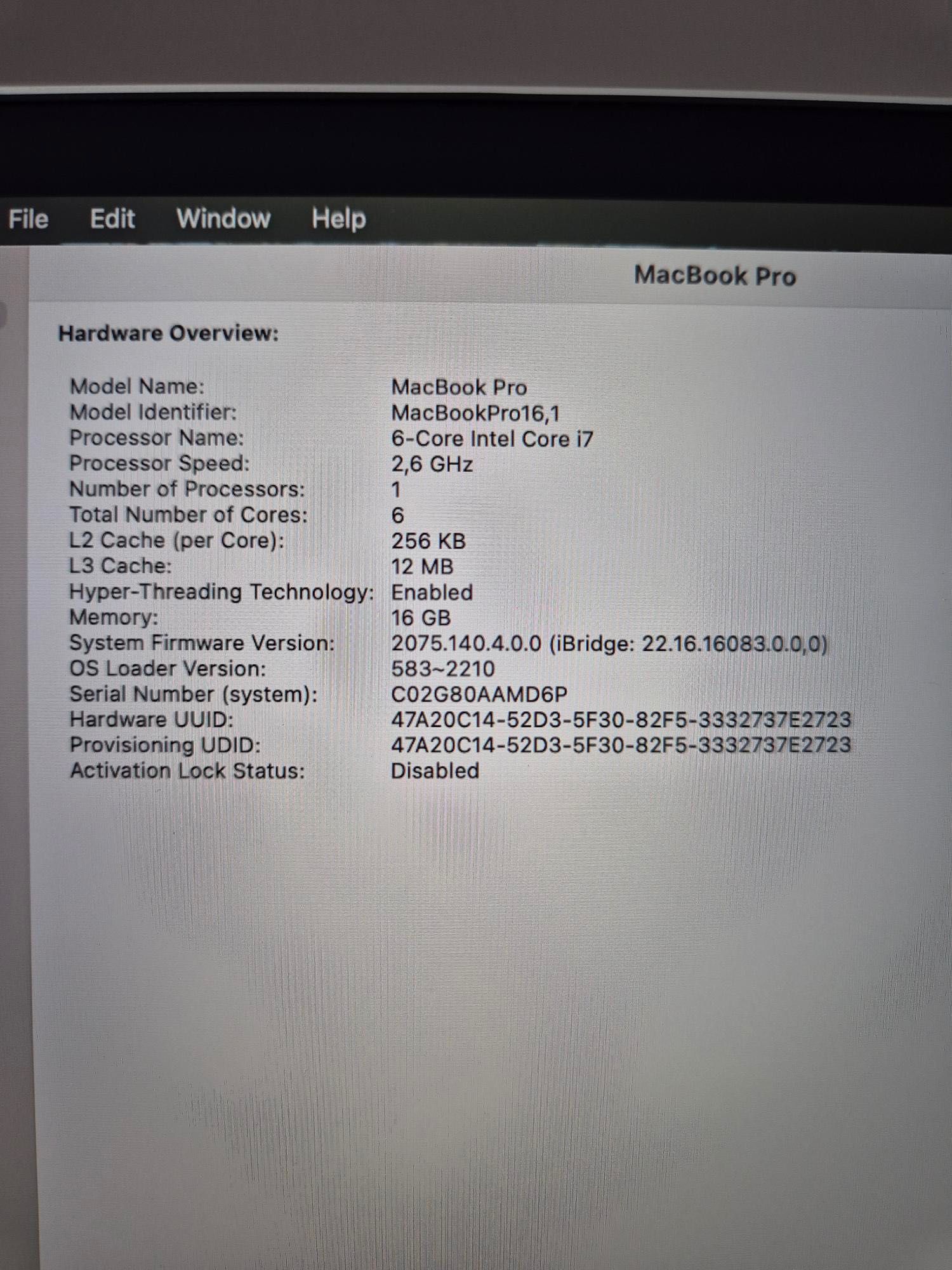 MacBook Pro 16" Intel i7 6-core 2,6GHz 500GB SSD 16GB RAM AMD Radeon