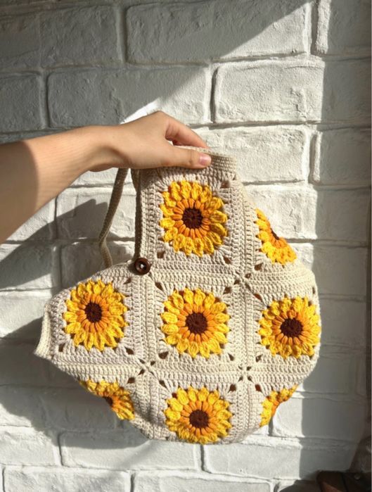 Sacoșă croșetată cu flori floarea-soarelui din bumbac 100% handmade